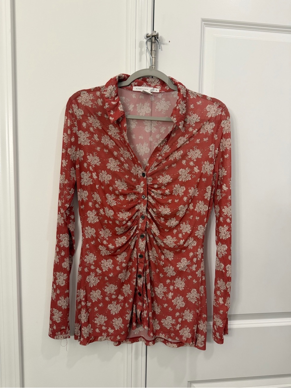 Altar’d State - Rust Floral Ruched Button-Down mesh Shirt